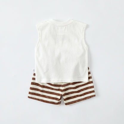 Cartoon Vest Separated Outfit for Boys Toddler Lightweight Top Stripe Pants Two-Piece Set