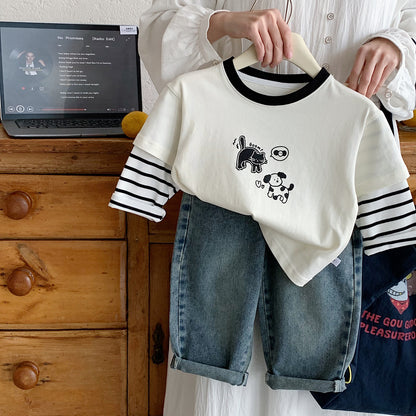 Children's cartoon striped soft pullover top