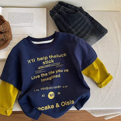 Splicing sleeve base shirt baby letter printed T-shirt