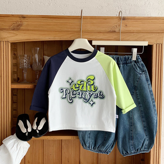Children's color blocking casual round neck T-shirt versatile baby top