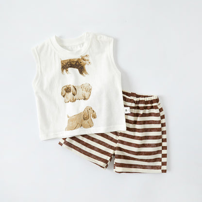 Cartoon Vest Separated Outfit for Boys Toddler Lightweight Top Stripe Pants Two-Piece Set