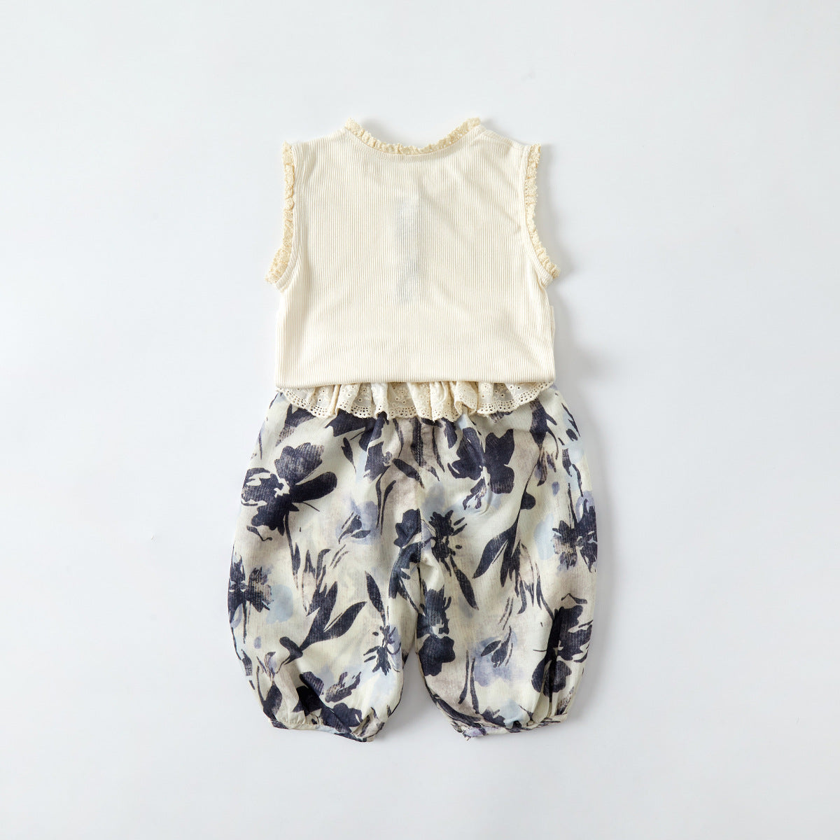 Cute Girl's Ribbed Tank Top Set Summer Casual Thin Top with Wide Leg Pants Two-Piece Outfit