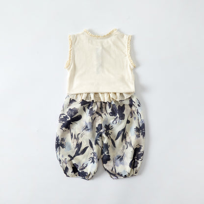 Cute Girl's Ribbed Tank Top Set Summer Casual Thin Top with Wide Leg Pants Two-Piece Outfit