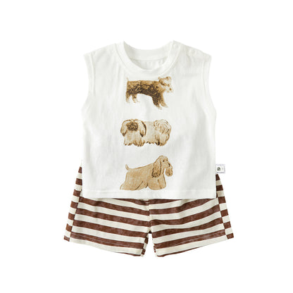 Cartoon Vest Separated Outfit for Boys Toddler Lightweight Top Stripe Pants Two-Piece Set