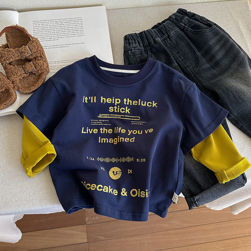 Splicing sleeve base shirt baby letter printed T-shirt