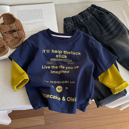 Splicing sleeve base shirt baby letter printed T-shirt