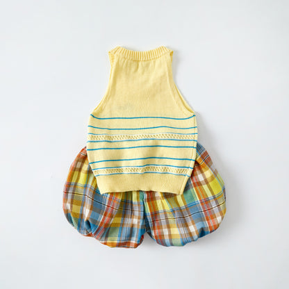 Girls' Knitted Letter Vest Set, Checkered Shorts Two-Piece Outfit, Casual Summer Wear for Toddlers
