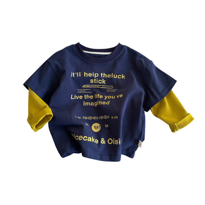 Splicing sleeve base shirt baby letter printed T-shirt