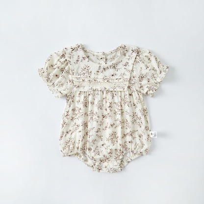 Infant Floral Romper Baby Girl Short Sleeve Lace Collar Onesie Lightweight Bodysuit Summer Outfit