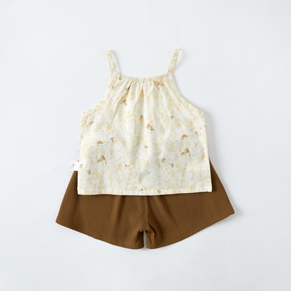 Girls' Floral Strap Set Baby Thin Vest Shorts Two-Piece Set