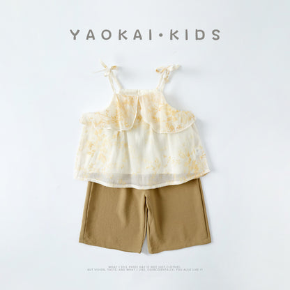 Girls' Toddler Strap Top Set  Style Flip Collar Shirt Shorts Two-Piece Outfit Trendy