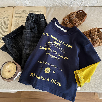 Splicing sleeve base shirt baby letter printed T-shirt