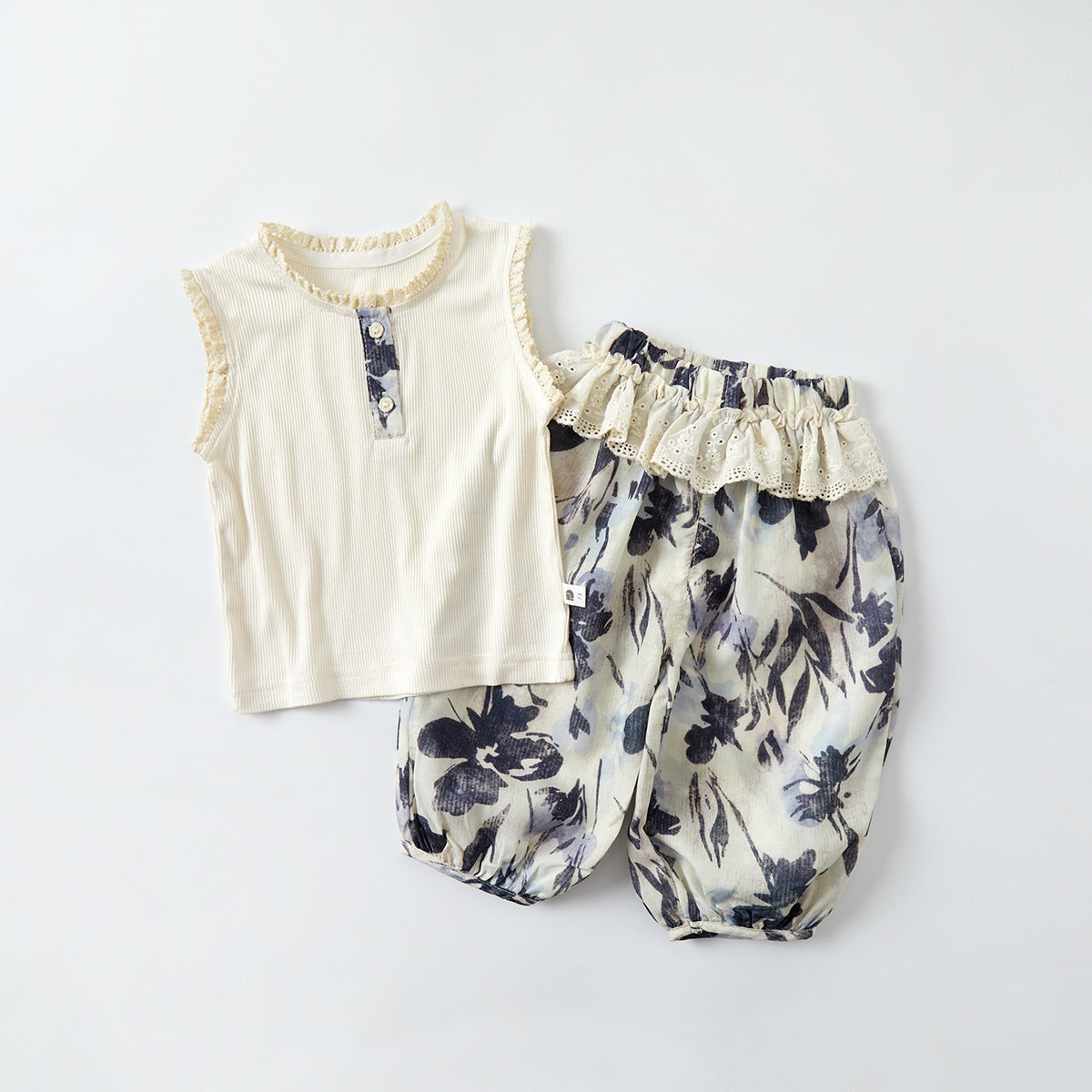 Cute Girl's Ribbed Tank Top Set Summer Casual Thin Top with Wide Leg Pants Two-Piece Outfit