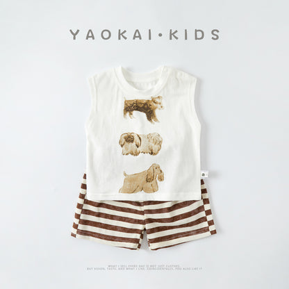 Cartoon Vest Separated Outfit for Boys Toddler Lightweight Top Stripe Pants Two-Piece Set