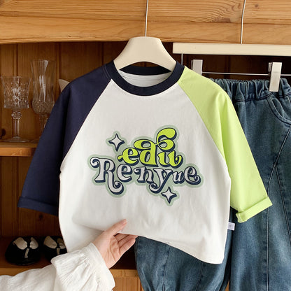 Children's color blocking casual round neck T-shirt versatile baby top