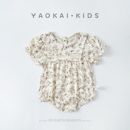 Infant Floral Romper Baby Girl Short Sleeve Lace Collar Onesie Lightweight Bodysuit Summer Outfit