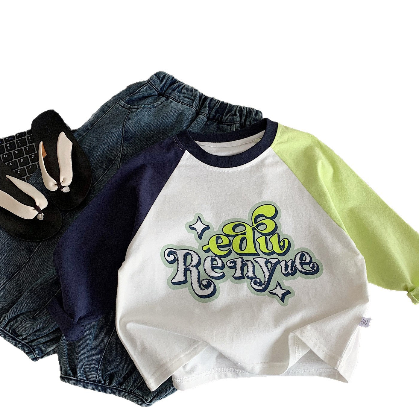 Children's color blocking casual round neck T-shirt versatile baby top