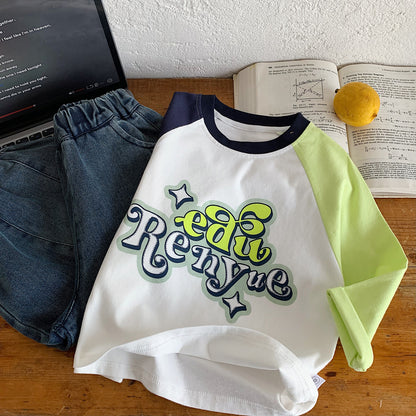 Children's color blocking casual round neck T-shirt versatile baby top