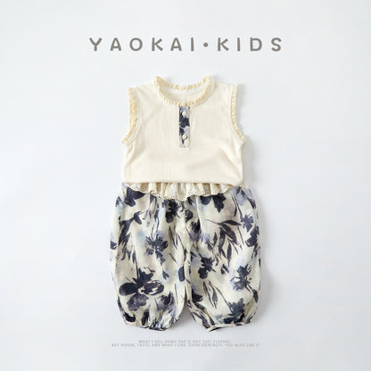 Cute Girl's Ribbed Tank Top Set Summer Casual Thin Top with Wide Leg Pants Two-Piece Outfit