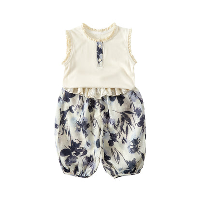 Cute Girl's Ribbed Tank Top Set Summer Casual Thin Top with Wide Leg Pants Two-Piece Outfit